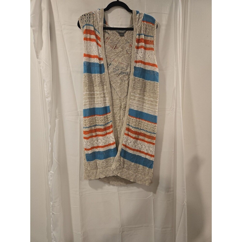 Natural Reflections Open Knit Striped Hooded Vest Cardigan